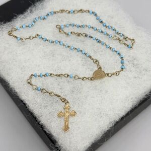 Rosary Necklace Vintage Catholic Blue Beads Miraculous Medal Gold Tone Cross